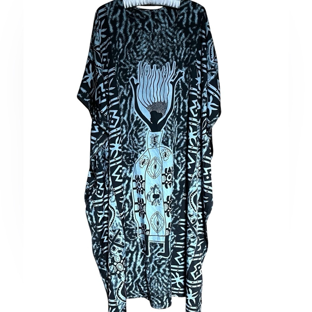 African Queen Black & Gray Kaftan Maxi Dress Overdress Cover Up - Picture 4 of 11